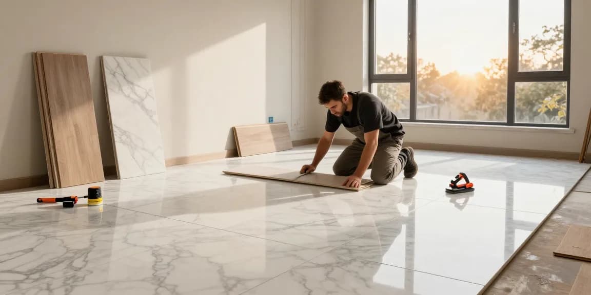 NAGA2000 installer laying premium marble flooring in a luxury home