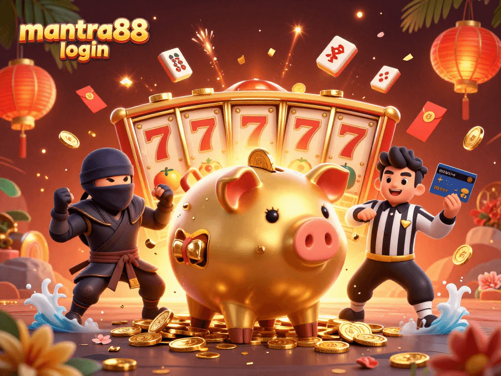 Engage with mantra88 login through a vibrant 3D casino illustration showcasing lively characters and gambling elements.