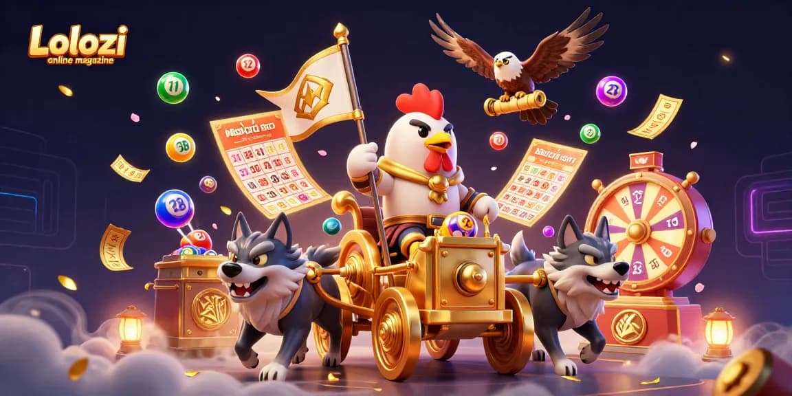 Lolozi online magazine features an epic scene of a rooster warlord with lottery balls and golden tickets in action.