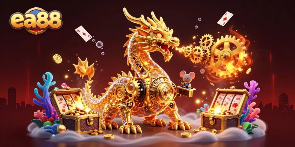 Experience thrilling gameplay at ea88 with a golden dragon unleashing treasures in a vibrant casino scene.