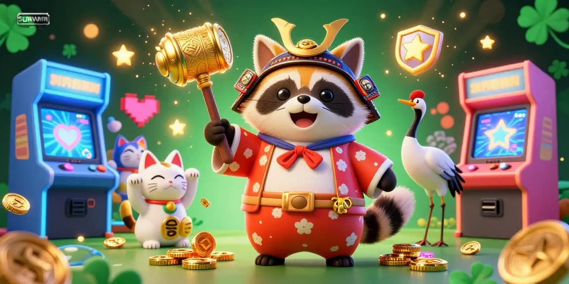 SUNWIN presents a festive digital celebration with cheerful tanuki, crane, and lucky cats amid vibrant arcade gaming elements.