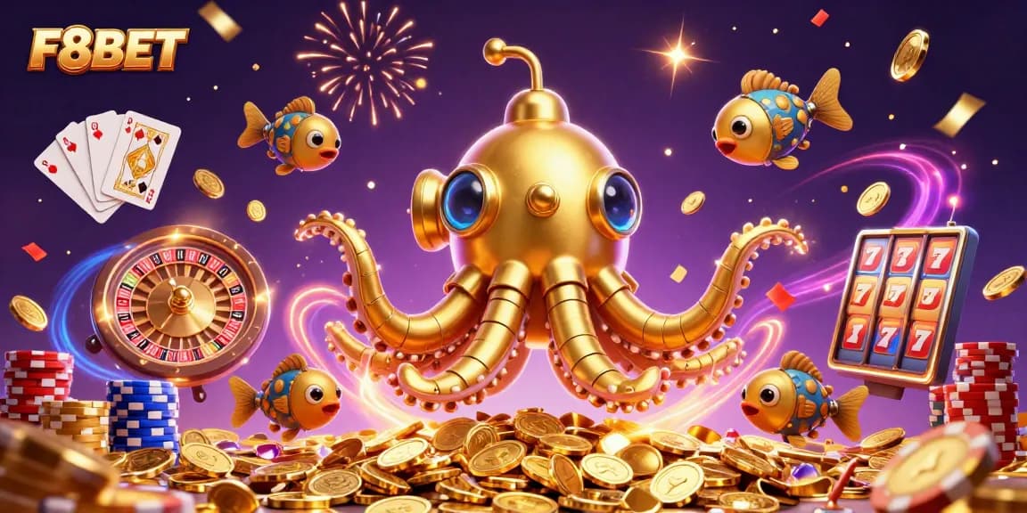 Experience thrilling action at F8BET with a 3D kraken submarine amidst golden coins and spinning roulette.