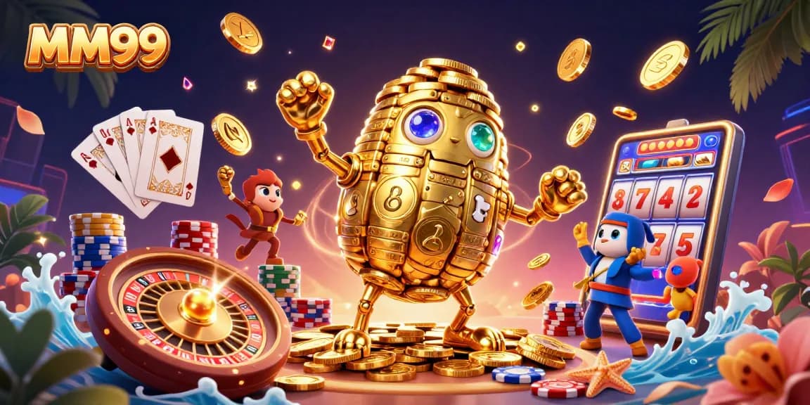 Experience thrilling gameplay with MM99, featuring a golden golem and vibrant casino elements.