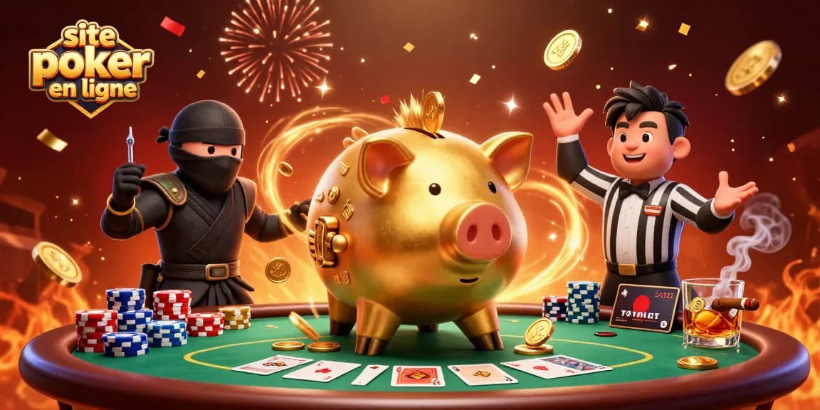 Jouez sur le site poker en ligne avec des personnages de jeu animés et des jetons colorés.