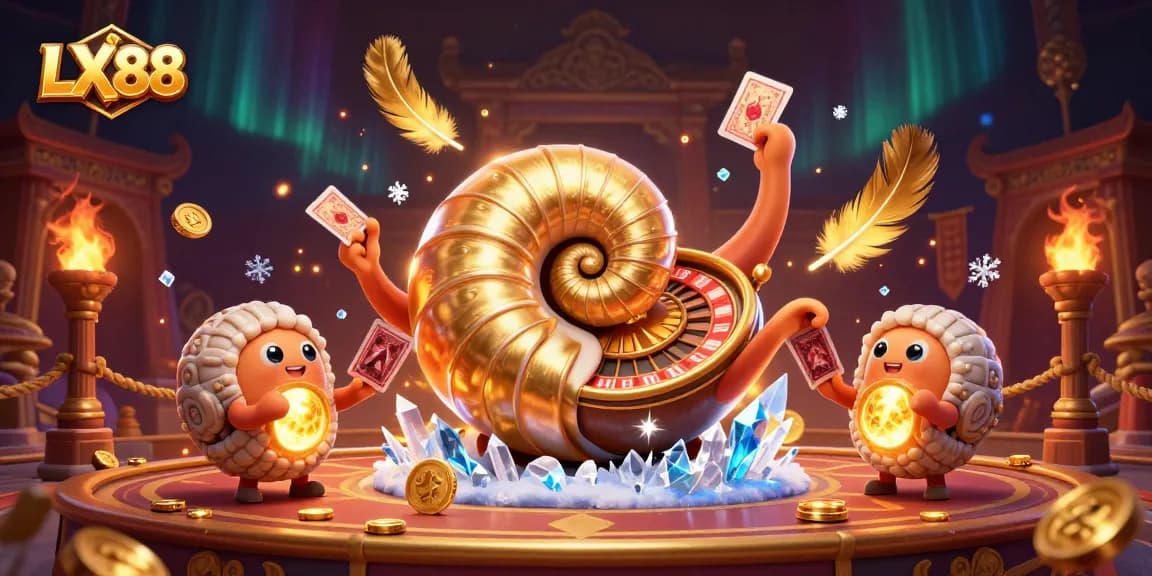 Gamble with LX88 at a vibrant casino featuring a nautilus roulette and glowing trophies