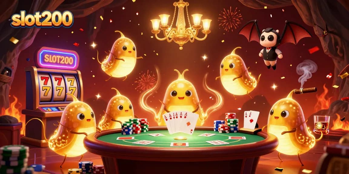 Experience the excitement at slot200 with glowworms illuminating a vibrant casino scene filled with slot reels and poker action.