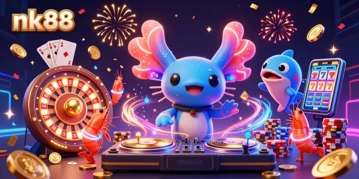 Experience thrilling games at nk88 with a vibrant scene of cartoon characters celebrating casino wins.