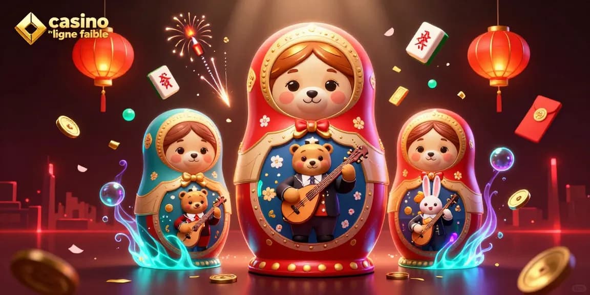 Profitez d'une illustration dynamique illustrant un casino en ligne fiable avec la mascotte d'un ours en matriochka.