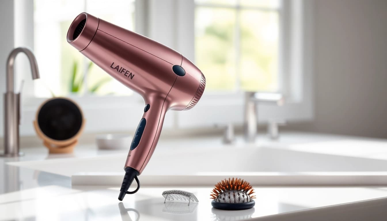 Laifen hair dryer showcasing stylish design and features on a vanity table.