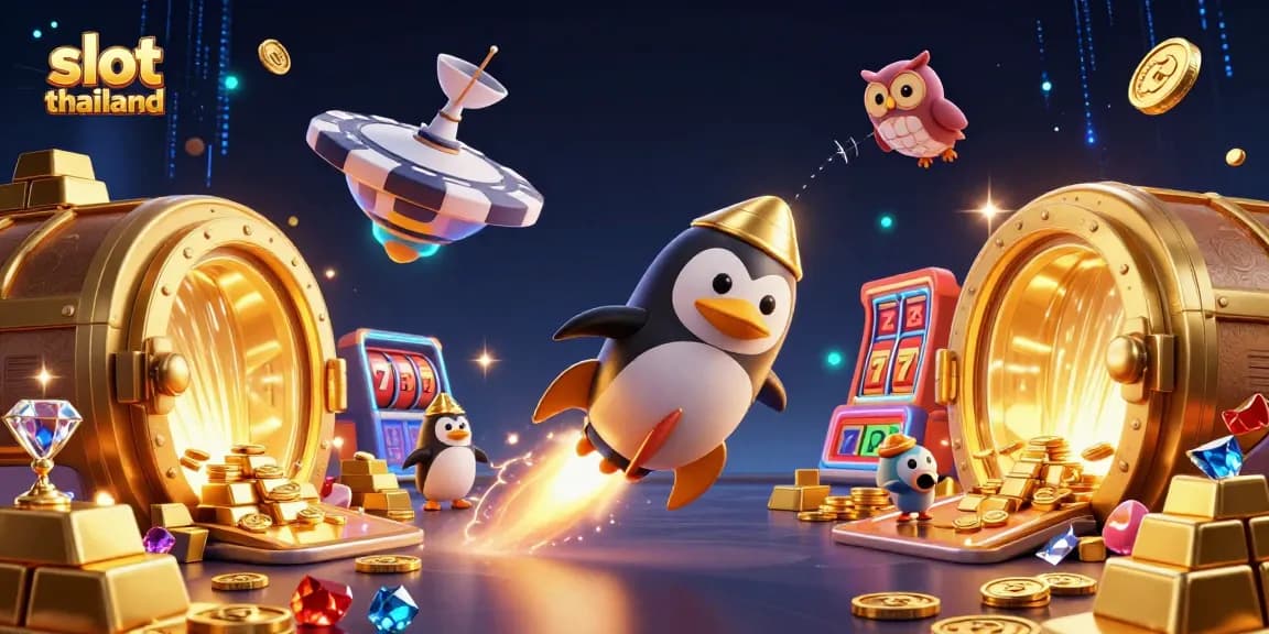 Experience the excitement of slot thailand with a golden penguin and lively casino elements.