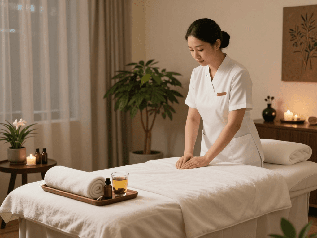 Serene spa treatment room showcasing relaxing atmosphere with mantra88 oils.