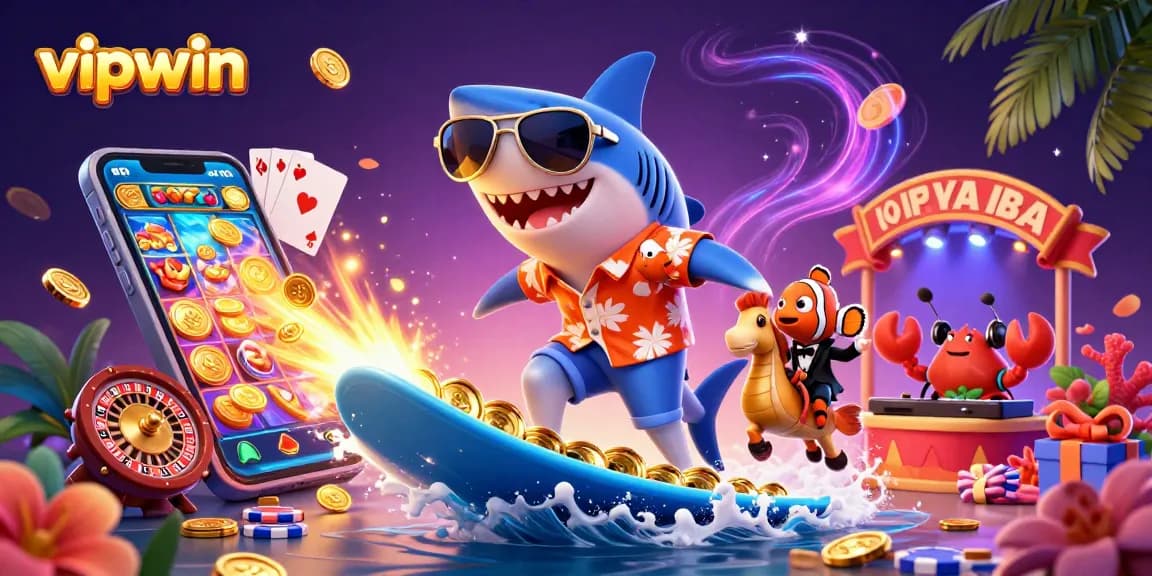 Engage with vipwin's vibrant gaming experience featuring cartoon characters in a festive casino setting.