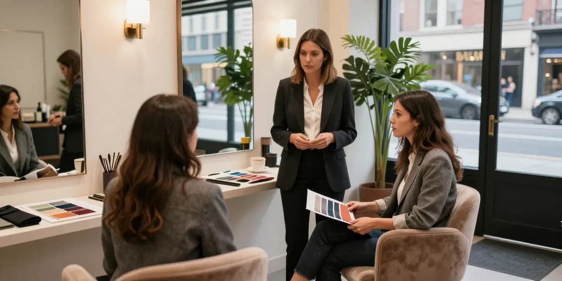Consulenza d'immagine Milano: esperta di moda analizza armadio con cliente in un salone elegante.