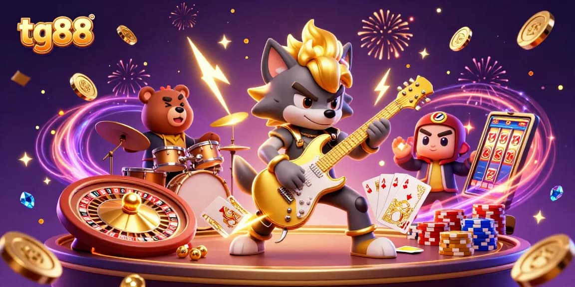 Join tg88's thrilling casino adventure with rock star wolf and drummer bear surrounded by sparkling gems and golden coins.