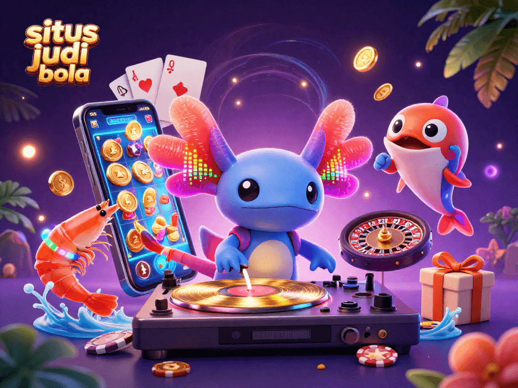 Engage with situs judi bola through vibrant 3D illustration of a lively casino scene with dynamic characters and gaming elements.