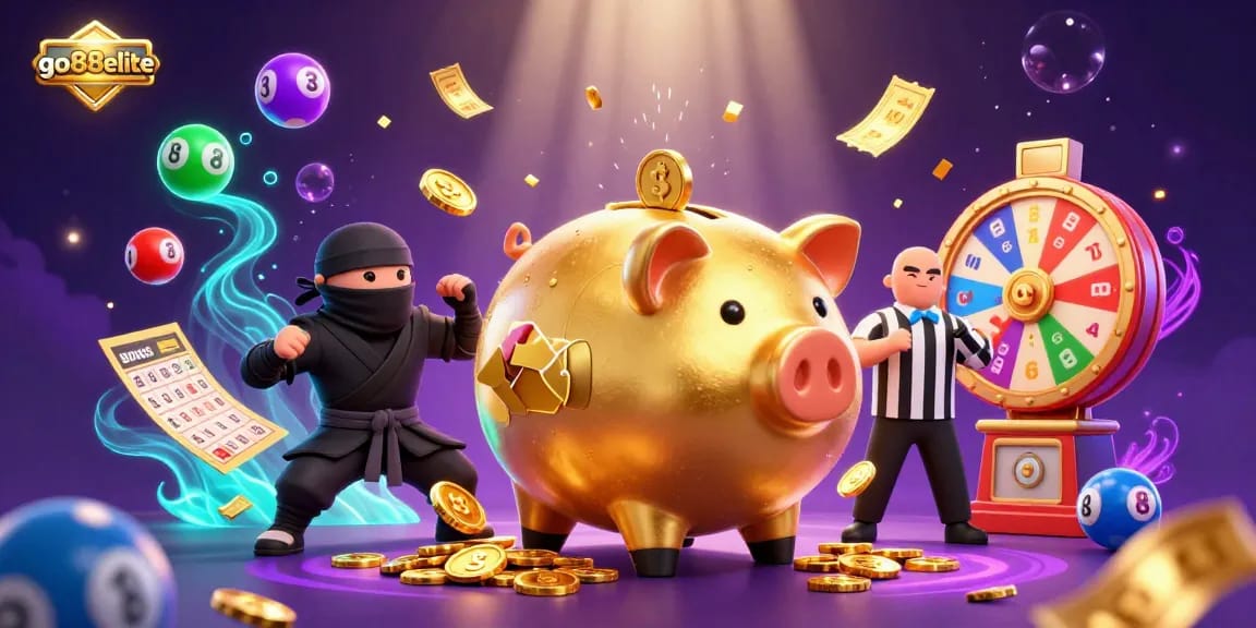 Experience excitement at go88elite with a vibrant gaming scene featuring a golden piggy bank and colorful lottery elements.