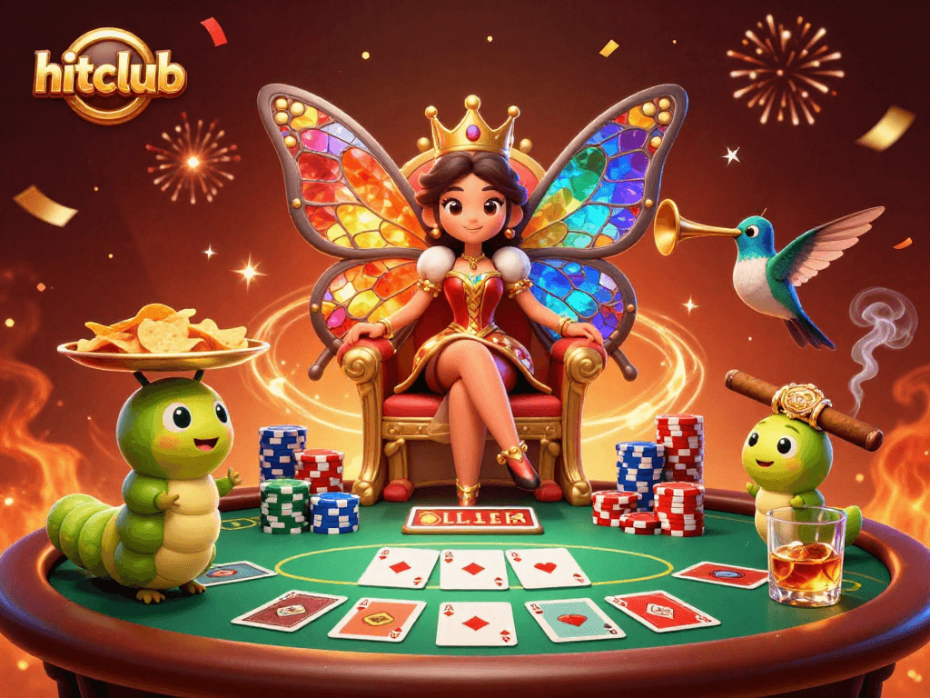 Engage in hitclub gambling with a vibrant queen and poker elements in a dazzling scene.