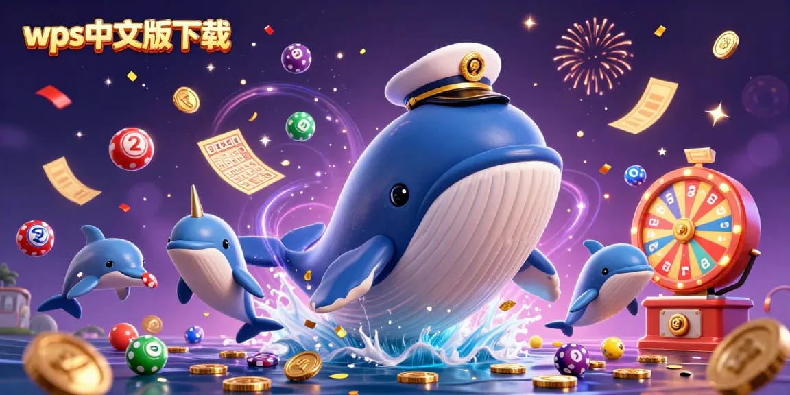 wps中文版下载 带来奇幻办公体验，鲸鱼与海豚在金币中畅玩，庆祝您的高效办公之旅。