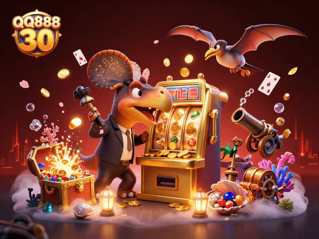 Engaging scene of QQ888 30 with a pachycephalosaurus hitting a golden slot machine for jackpot coins amidst underwater treasures in a vibrant casino.