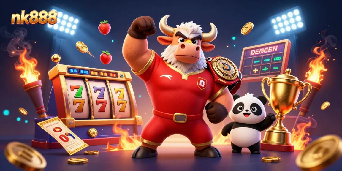 Spin to win at nk888 with a vibrant 3D casino scene featuring dynamic gaming elements.