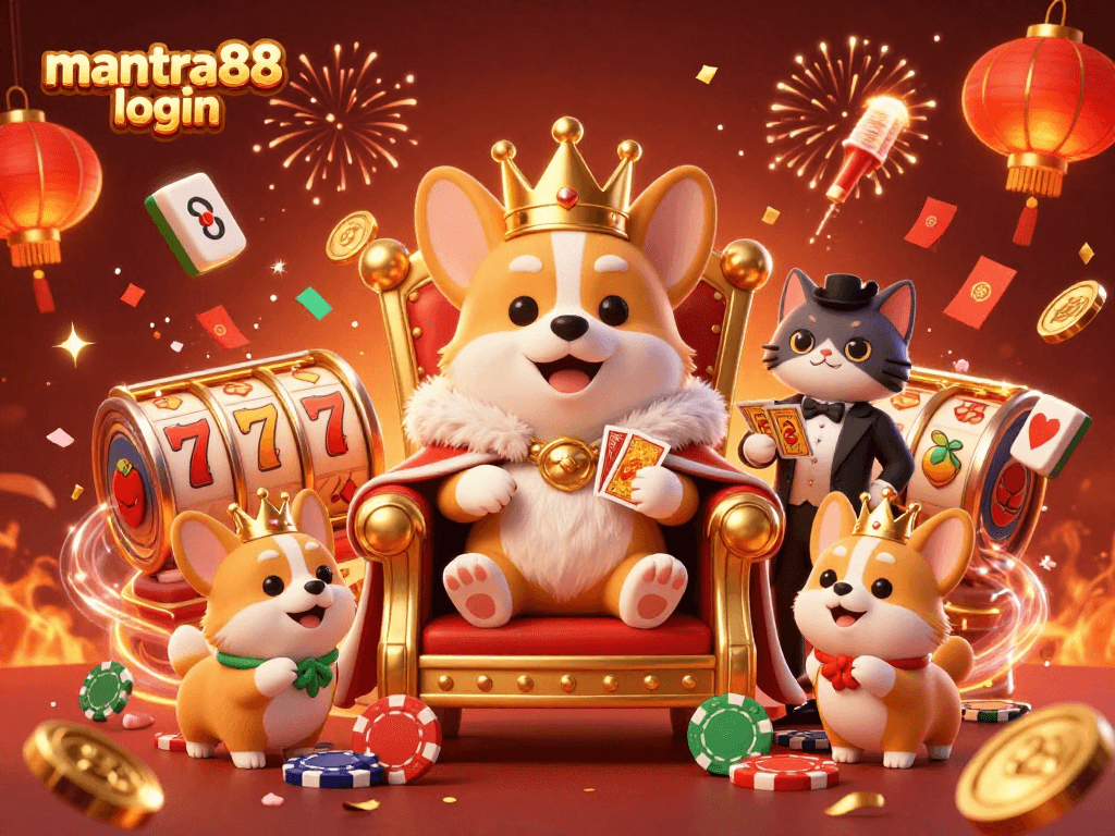 Experience the thrill of mantra88 login with vibrant slots and dynamic gameplay featuring a royal corgi.