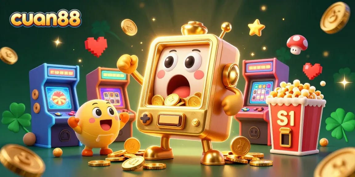 cuan88 merayakan kemenangan jackpot dengan mesin slot emas dan mesin kecil, banjir koin berkilauan