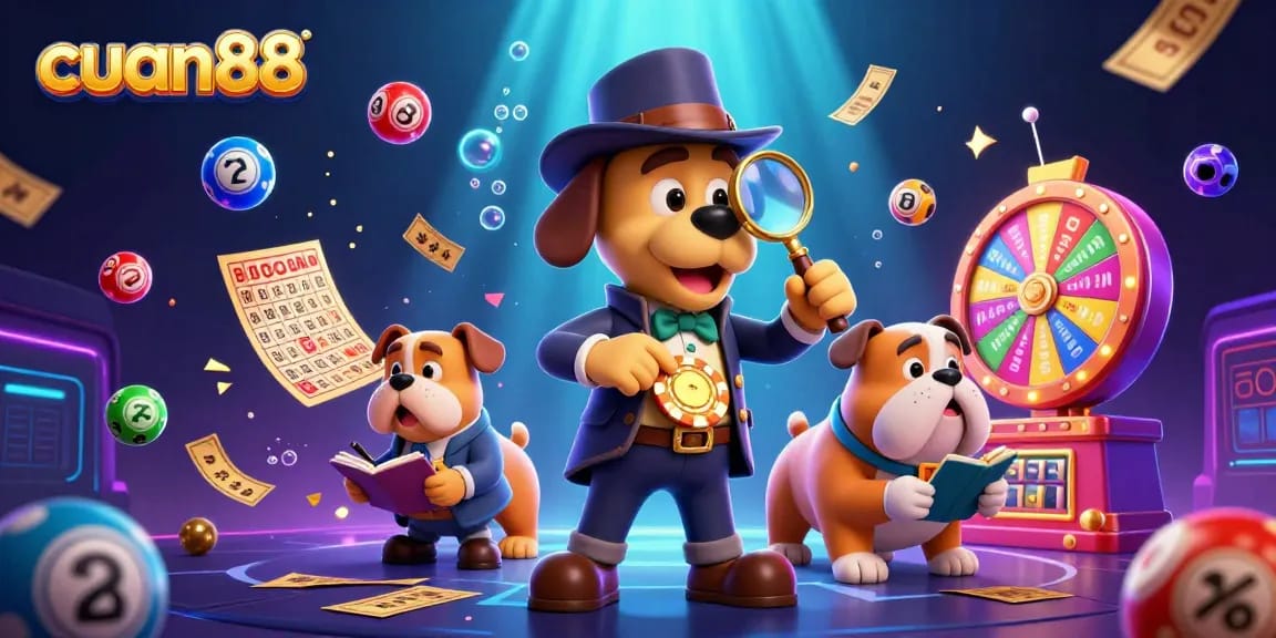 Menggali kemenangan di cuan88 dengan detektif 3D dan elemen game lotere berwarna-warni.