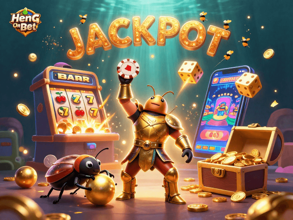 Experience a vibrant jackpot scene with Heng Ong Bet's 3D characters in a casino setting.