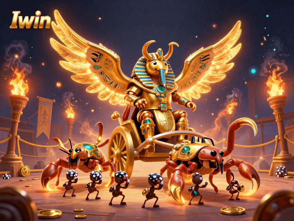 Engage with Iwin's vibrant 3D casino universe featuring a golden scarab beetle and dynamic gaming elements.