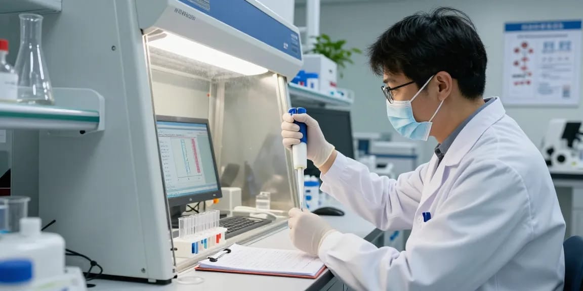 Koi Peptides in laboratory setting with scientist analyzing Klow Peptide Stack samples.