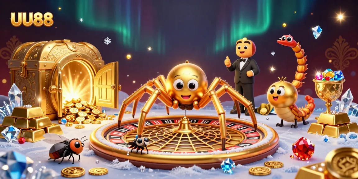 Experience thrilling gameplay at UU88 with a whimsical, dynamic casino scene featuring a roulette wheel.