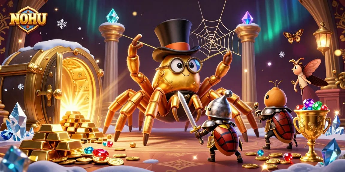 Engage with NOHU's vibrant casino illustration featuring a giant tarantula, beetle knight, and treasure.