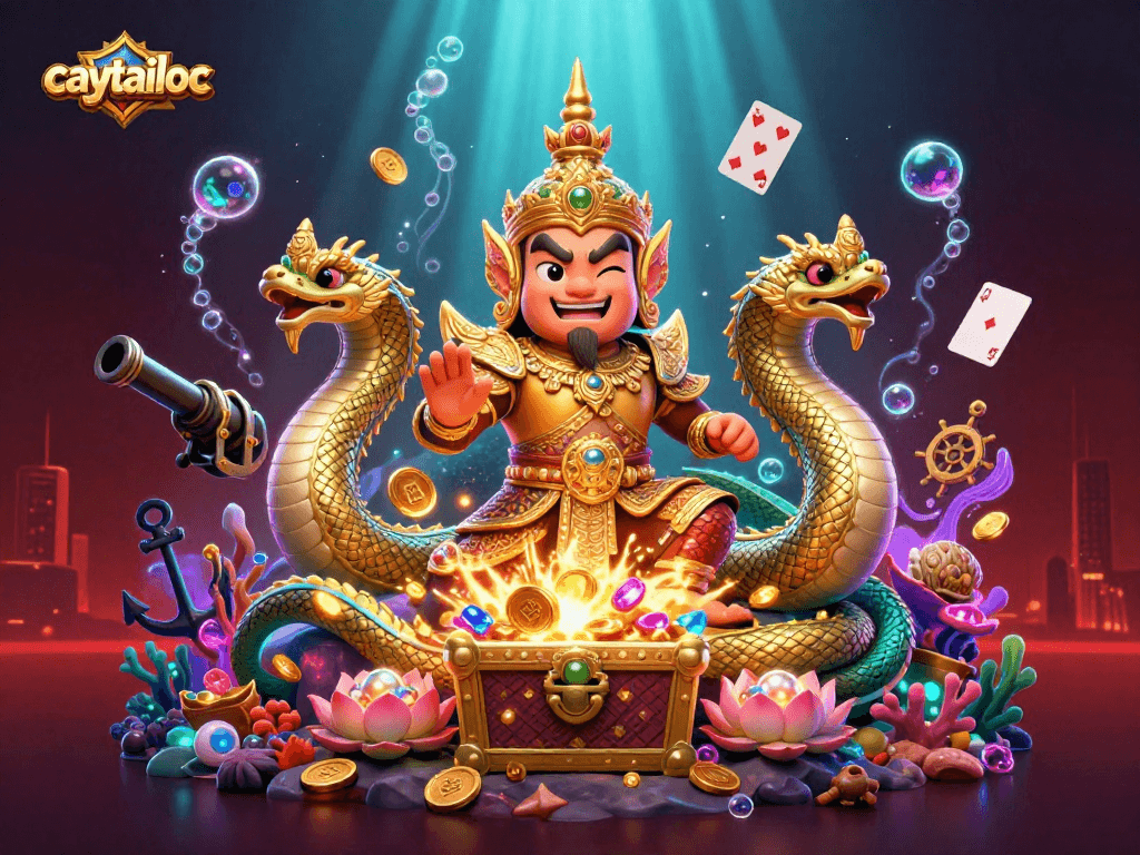 Caytailoc showcases an enchanting 3D guardian with Naga companions in a vibrant casino scene filled with treasures.