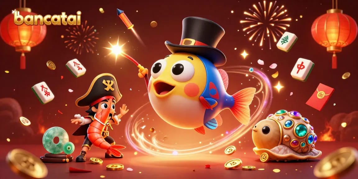 Bancatai's animated anglerfish attracts golden coins amidst vibrant casino elements and festive confetti.
