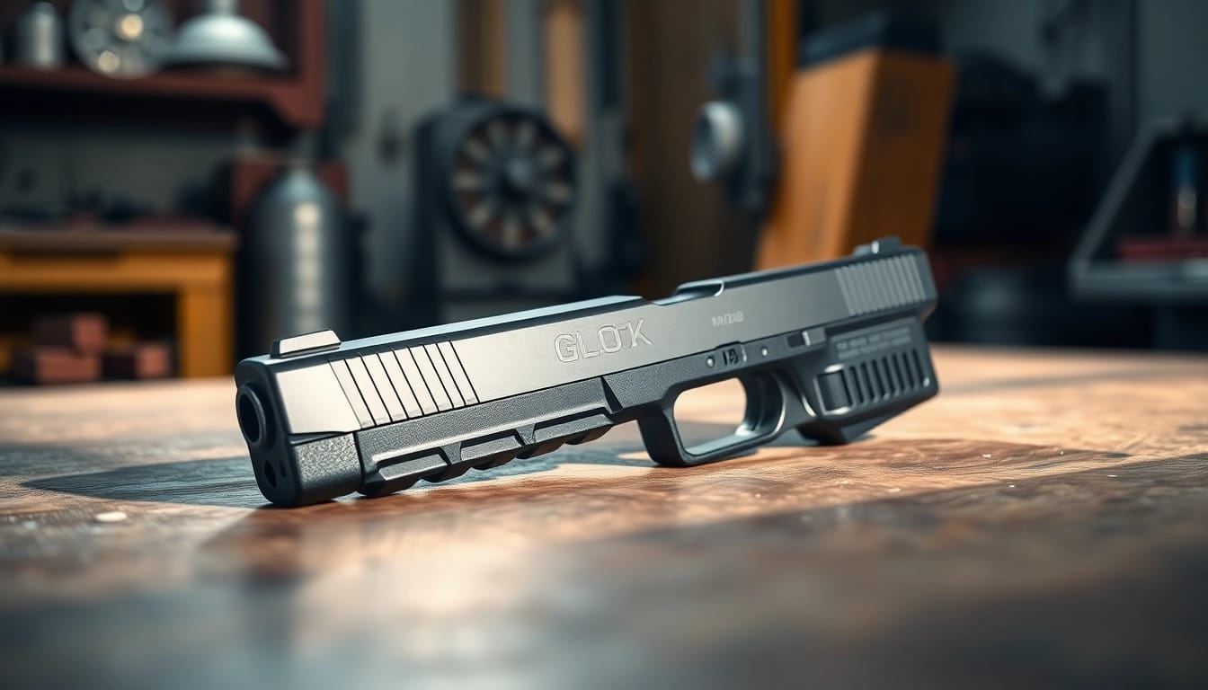 A detailed look at Glock 19 slides showcasing its polished metallic finish and precision machined quality.
