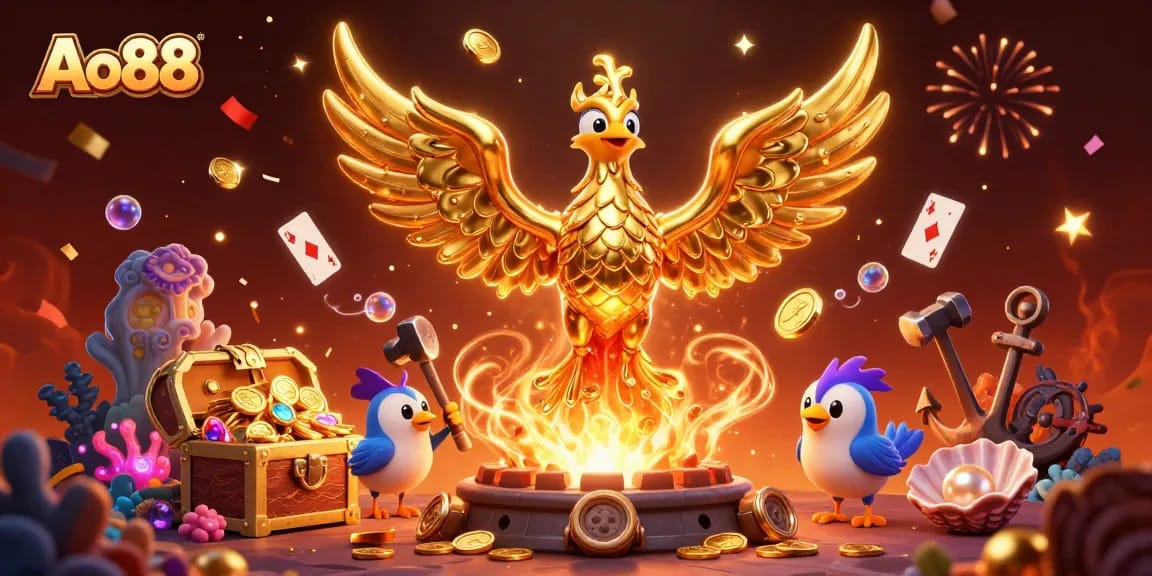 Experience the excitement of Ao88 with a vibrant scene of a molten golden phoenix and treasure elements.