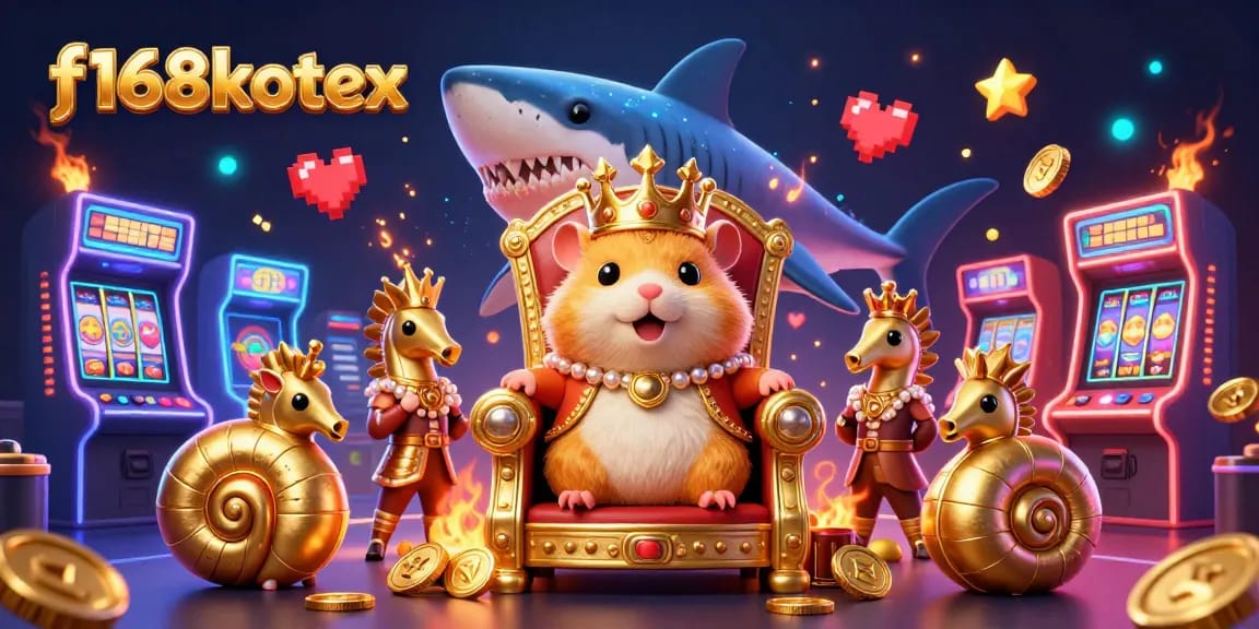 Engage with f168kotex at a vibrant casino-themed 3D illustration featuring a fierce hamster king and gaming elements.