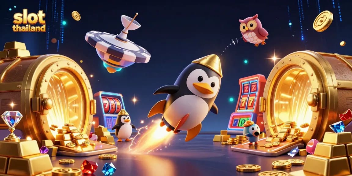Experience the excitement of slot thailand with a golden penguin and lively casino elements.