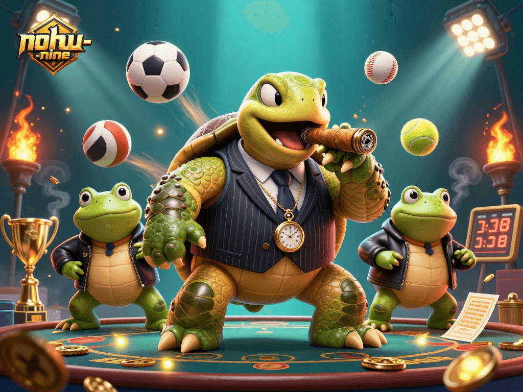 Nohu-nine showcases a massive snapping turtle in a mobster suit with bullfrog enforcers, all set amidst vibrant casino elements.