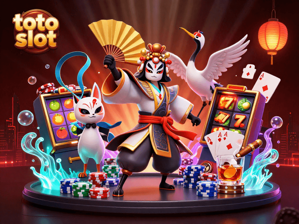 Permainan toto slot yang mengasyikkan di tengah suasana kasino dengan karakter unik dan warna yang mencolok.