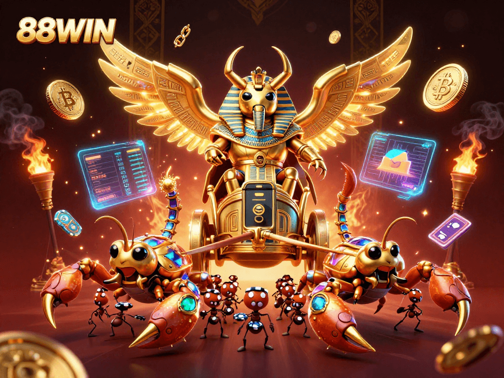 Engage with 88WIN's thrilling casino adventure showcasing a colossal scarab beetle and crypto elements.