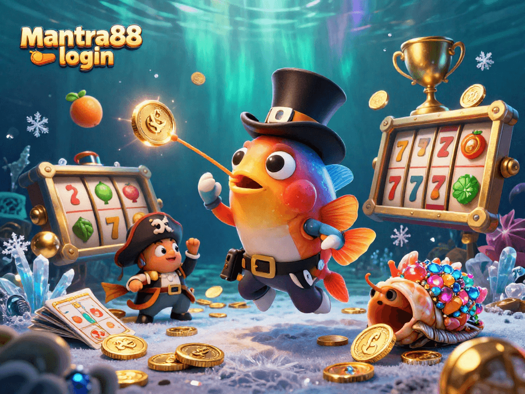 Experience vibrant excitement with mantra88 login as the anglerfish lures in golden coins among dynamic casino reels and treasures.