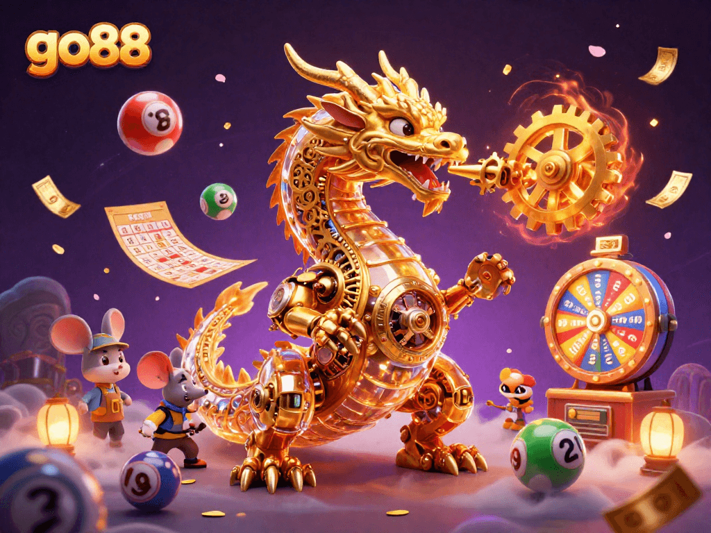Experience go88 excitement with a golden dragon and vibrant lottery elements in 3D.