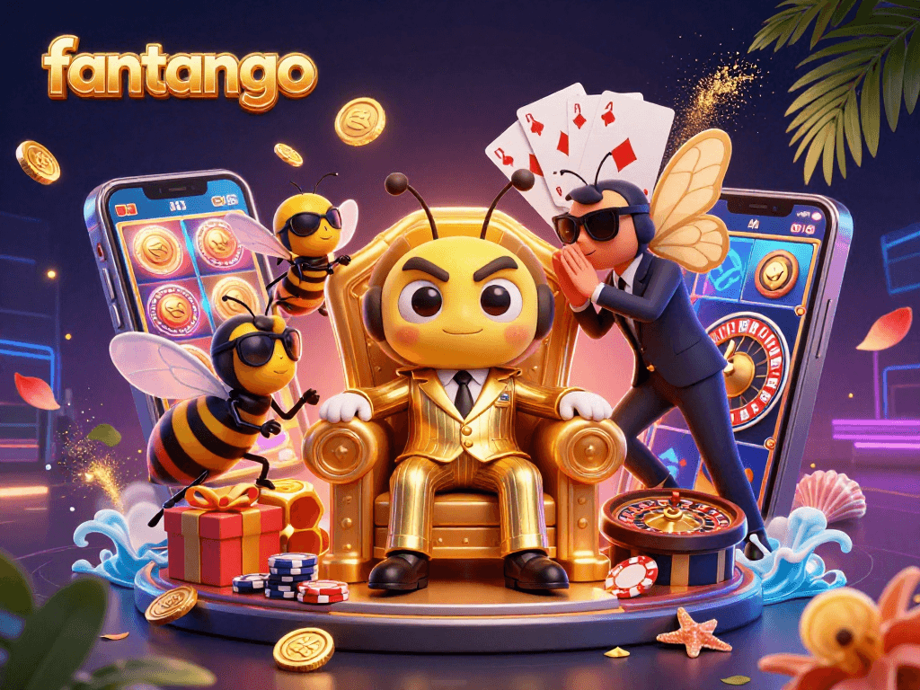 Experience excitement with fantango, featuring a bustling casino scene with colorful slot games and dynamic characters.