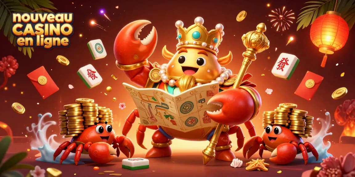 Profitez du nouveau casino en ligne avec un crabe empereur doré entouré de jetons et d'éléments de jeu vibrants.