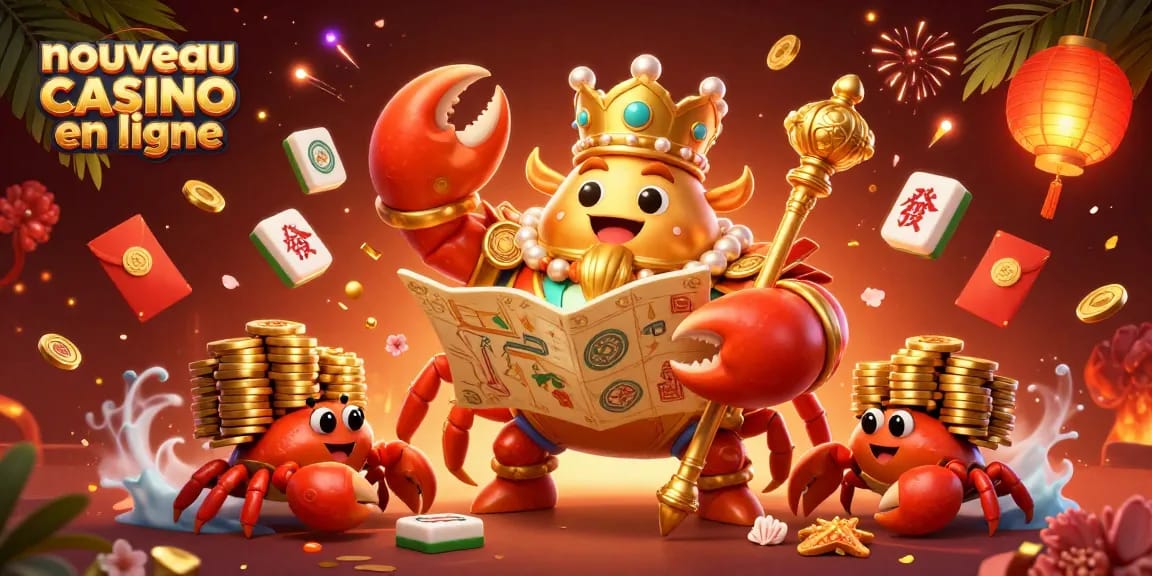 Profitez du nouveau casino en ligne avec un crabe empereur doré entouré de jetons et d'éléments de jeu vibrants.