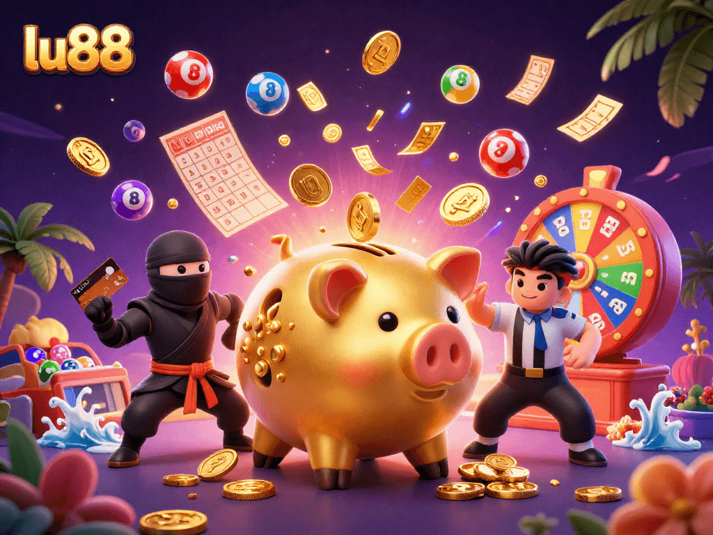 Experience exhilarating wins at lu88 with a dynamic scene of exciting casino characters and colorful game elements.