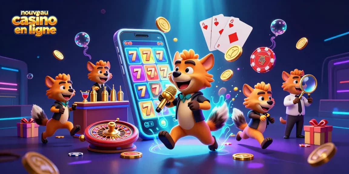 Scène dynamique d'un nouveau casino en ligne avec des hyènes dans une ambiance de comédie, jouant et s'amusant.