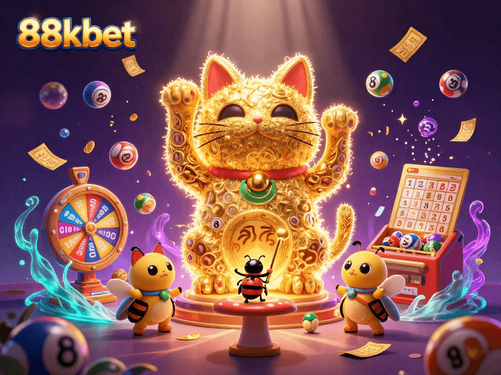Engage with the vibrant world of 88kbet as golden fireflies form a lucky cat in this dynamic casino scene.