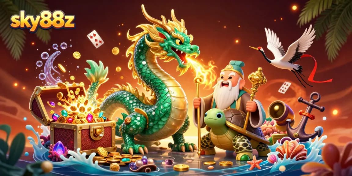Experience thrilling gameplay at sky88z with a rich 3D casino fantasy scene featuring a jade dragon.
